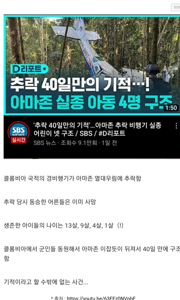 아마존에 추락한지 40일만에 실종 아동 4명 구조