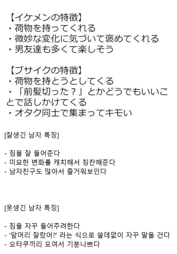 일본에서 말하는 잘생긴 남자, 못생긴 남자 특징